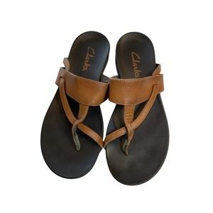 EUC Sz. 9 Clarks Brown Leather Flip Flops Slide Sandal
